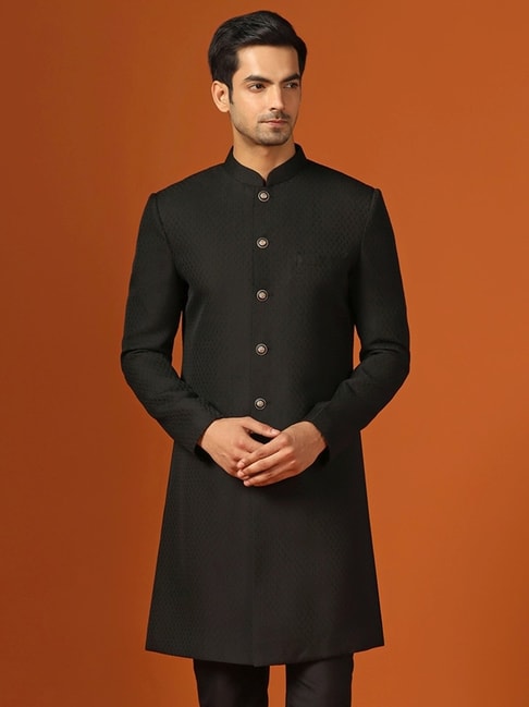 Kisah Black Regular Fit Printed Sherwani Jacket