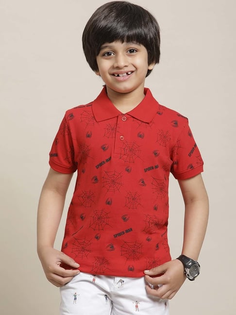 Kidsville Red Cotton Printed Spiderman Polo T-Shirt