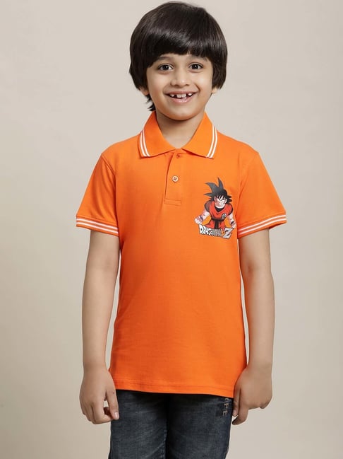 Kidsville Orange Cotton Printed Dragon Ball Z Polo T-Shirt