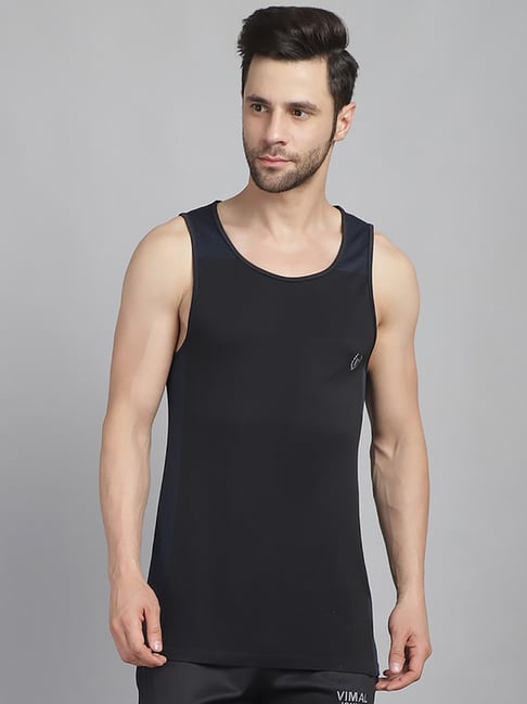 Vimal Jonney Black Regular Fit Sleeveless Gym Vest