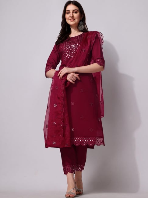 BERRYLICIOUS Maroon Embroidered Kurta Pant Set With Dupatta