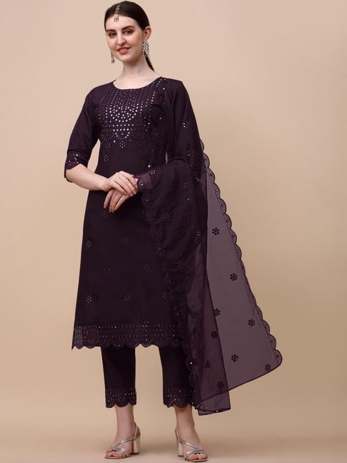 BERRYLICIOUS Purple Embroidered Kurta Pant Set With Dupatta