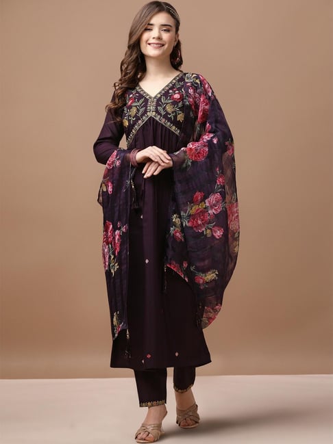 BERRYLICIOUS Purple Embroidered Kurta Pant Set With Dupatta