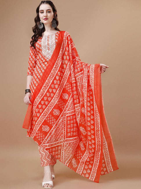 BERRYLICIOUS Orange Cotton Printed Kurta Pant Set With Dupatta
