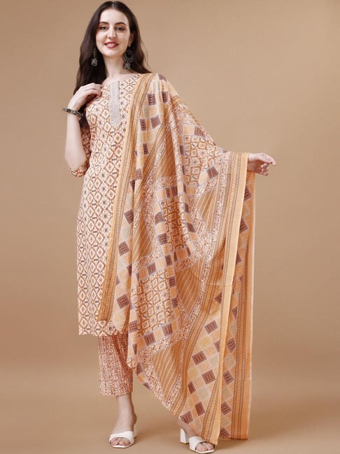 BERRYLICIOUS Peach Cotton Printed Kurta Pant Set With Dupatta