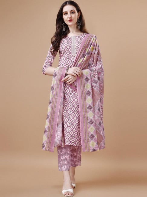 BERRYLICIOUS Pink Cotton Printed Kurta Pant Set With Dupatta