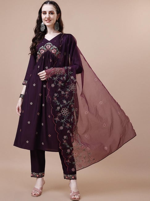 BERRYLICIOUS Purple Embroidered Kurta Pant Set With Dupatta