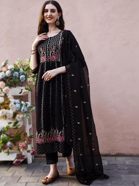 BERRYLICIOUS Black Embroidered Kurta Pant Set With Dupatta