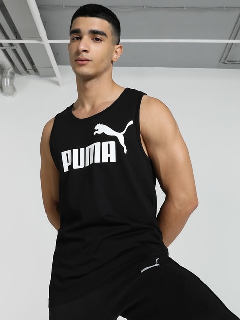 Puma Black Cotton Regular Fit Logo Printed Tank Tee