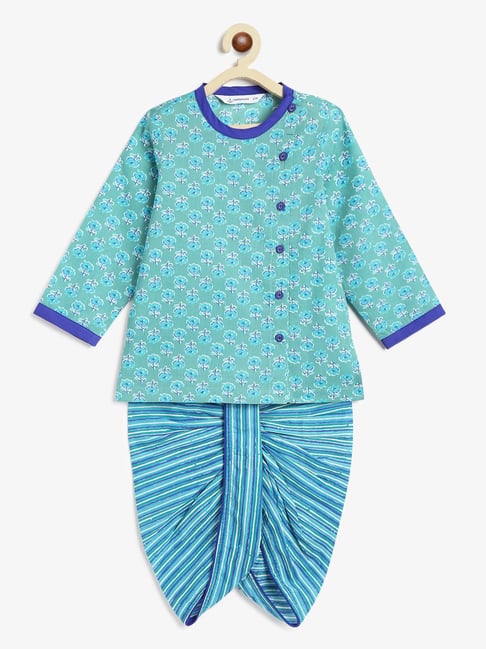 Campana Kids Green & Blue Printed Full Sleeves Kurta with Dhoti