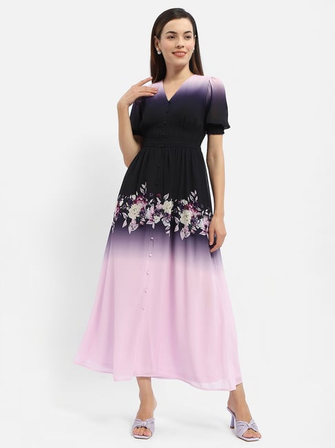 MADAME Black Lavender Floral Print Midi Dress