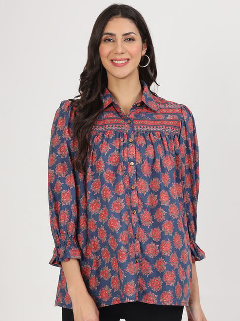 Divena Navy Cotton Floral Print Shirt-picture-13