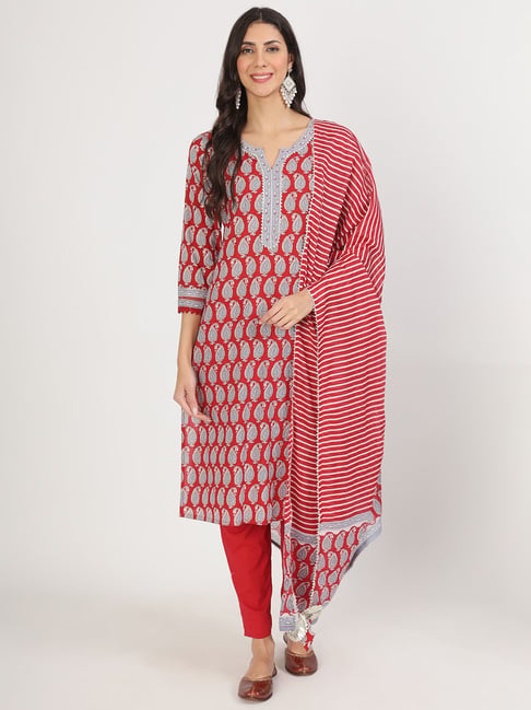 Divena Red Cotton Printed Kurta With Pant & Dupatta