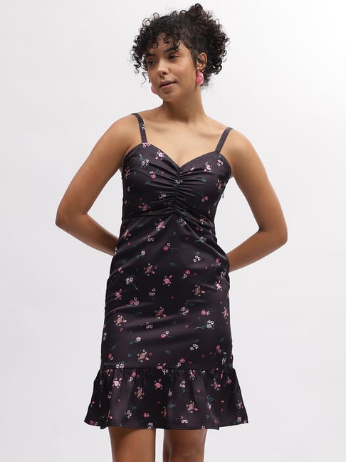 Elle Black Floral Print A Line Dress-picture-20