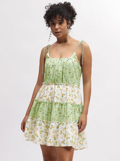 Elle Mint Green White Floral Print A Line Dress