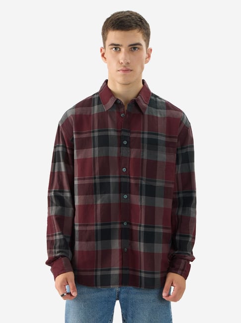The Souled Store Red Grey Relaxed Fit Check Shirt