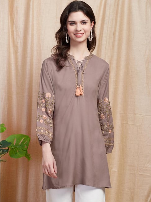 Buy Fashor Grey Embroidered A Line Short Kurti for Women Online