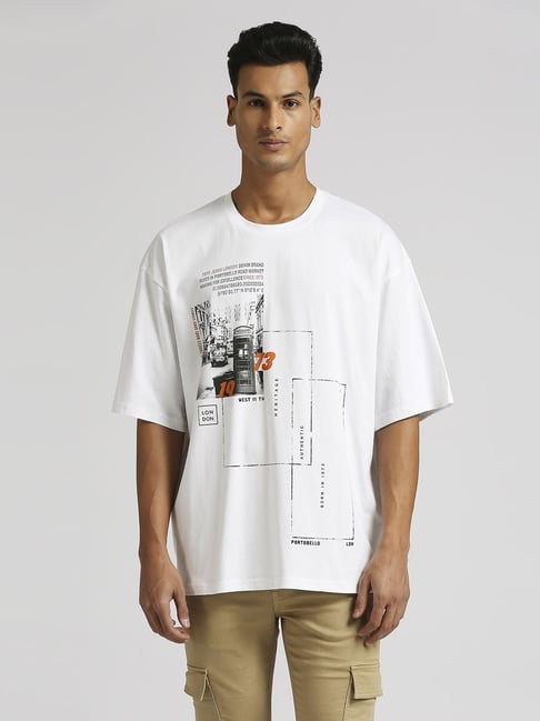 Pepe Jeans White Cotton Oversized Printed T-Shirt - Main Image