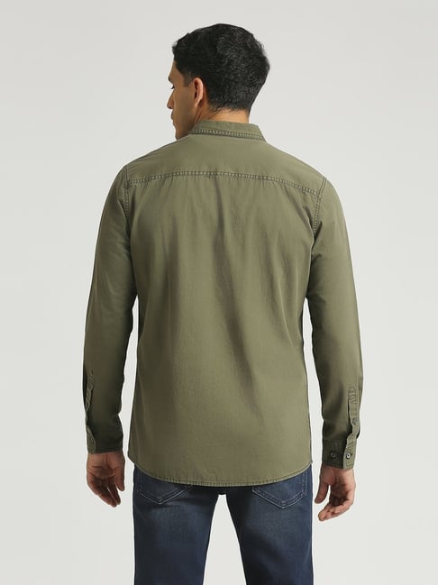Pepe Jeans Olive Green Cotton Regular Fit Shirt