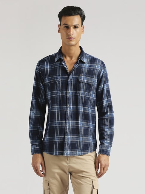 Buy Pepe Jeans Indigo Blue Cotton Regular Fit Checks Shirt for - Main Image