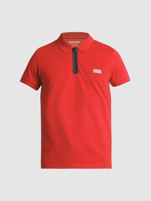 Jack Jones Mars Red Cotton Slim Fit Polo T-Shirt