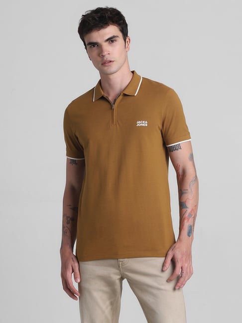 Jack Jones Bronze Brown Cotton Slim Fit Polo T-Shirt