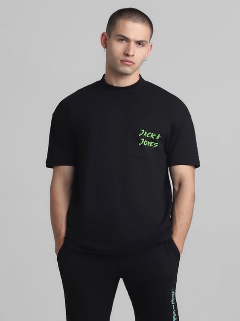 Jack & Jones Jet Black Cotton Boxy Fit Printed T-Shirt