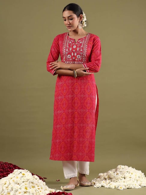Indo Era Red Cotton Embroidered Straight Kurta-image-33