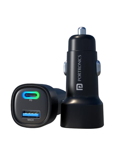 Portronics Dual Output Fast Car Charger with 30W Type-C PD & 30W USB (Black)