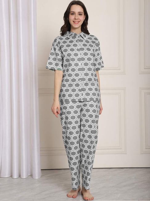 Kanvin Grey Cotton Printed Shirt Pyjamas Set