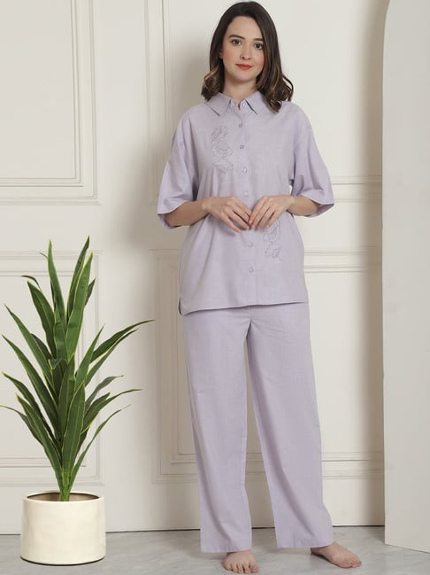 Buy Kanvin Grey Cotton Embroidered Shirt Pyjamas Set for Women