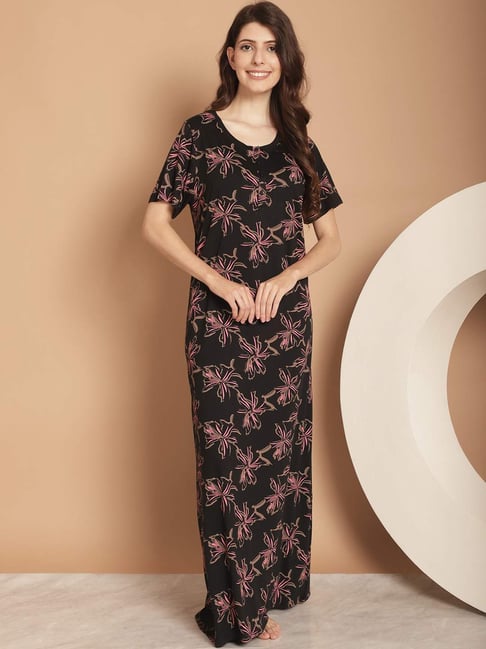 Kanvin Black Cotton Printed Nighty Sleepwear Robes