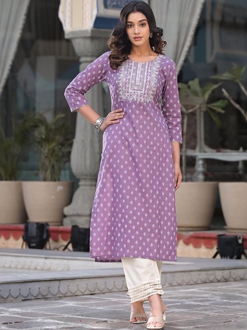 Varanga Purple Cotton Printed Straight Kurta