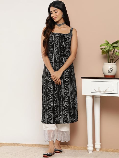 Varanga Black Cotton Printed Straight Kurta-image-6