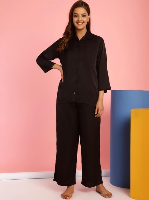 Secret Wish Black Plain Shirt Pyjamas Set