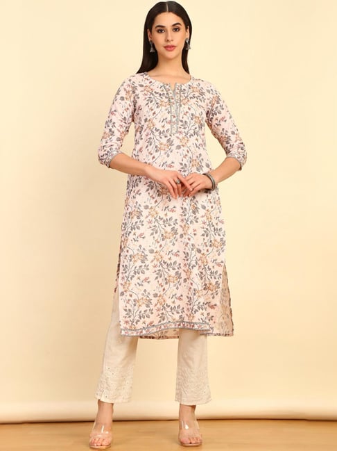 Soch Womens Beige Floral Printed Cotton Blend Kurta With Sequins-picture-10
