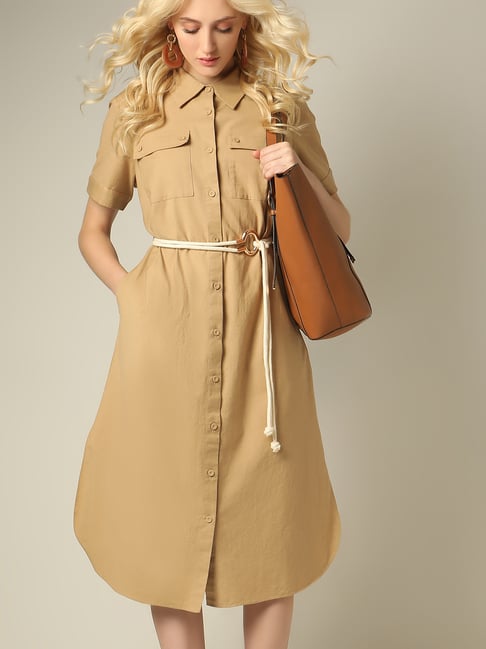 beige shirt dress with belt L'AGENCE Callen Shirt Dress In Biscuit