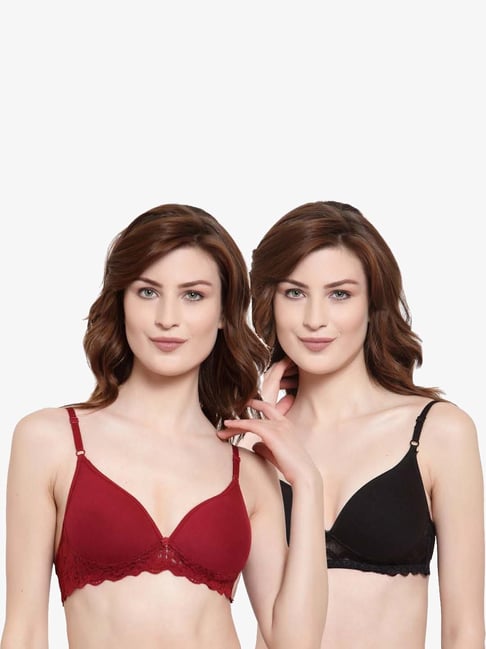 AROUSY Black & Maroon Cotton Lace Work T-Shirt Bras - Pack Of 2-picture-17
