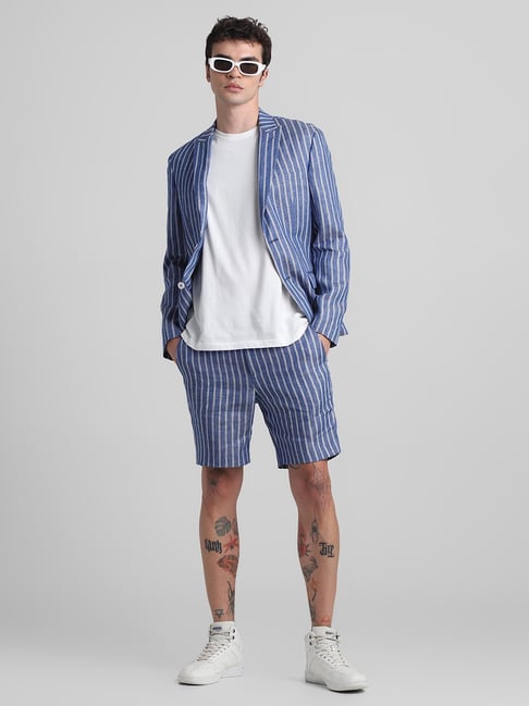 Jack Jones Blue Slim Fit Striped Linen Shorts