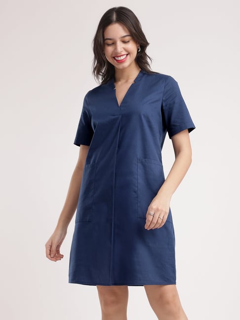Fablestreet Navy Linen Relaxed Fit Shift Dress