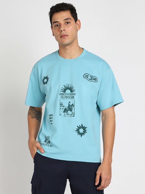 Lee Men Graphic Print Blue Crew Neck Oversize Fit Tshirt