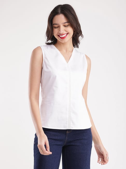 Fablestreet White Cotton Relaxed Fit Top