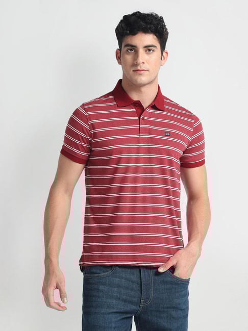 Arrow Sports Red Cotton Regular Fit Striped Polo T-Shirt