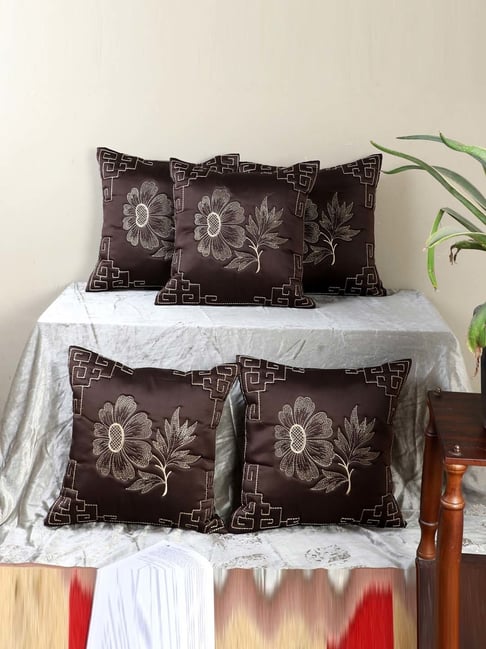 MFD HOME Furnishing Coffee Brown Satin Cushion Cover - Set of 5-picture-36