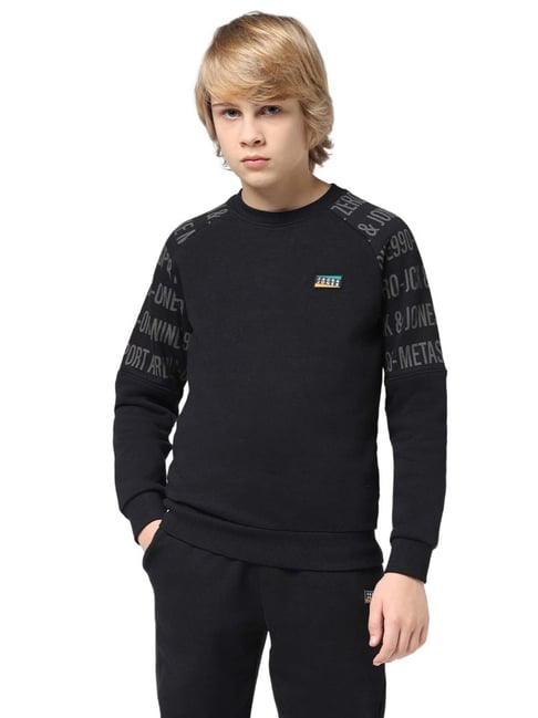 Jack Jones Junior Jet Black Printed Full Sleeves Sweatshirt