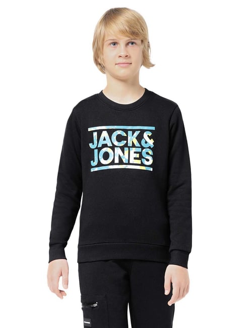 Jack Jones Junior Jet Black Printed Full Sleeves Sweatshirt