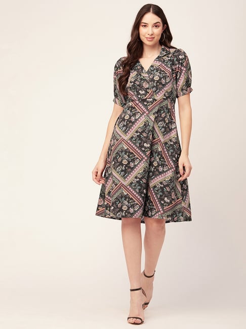 Moomaya Black Floral Print A Line Dress-picture-35