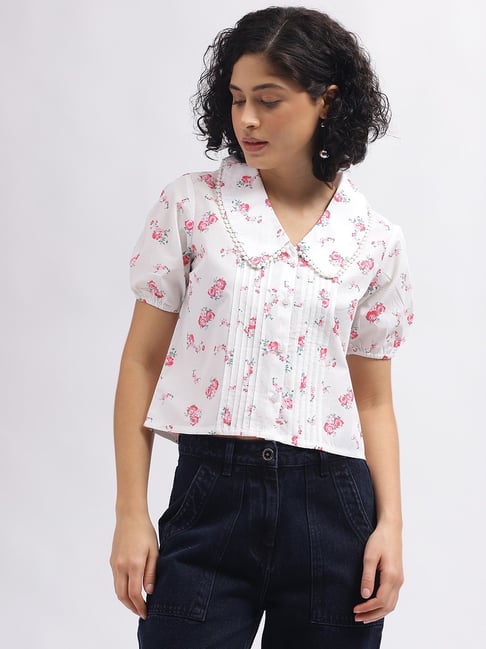 Elle White & Pink Cotton Floral Print Top-picture-16