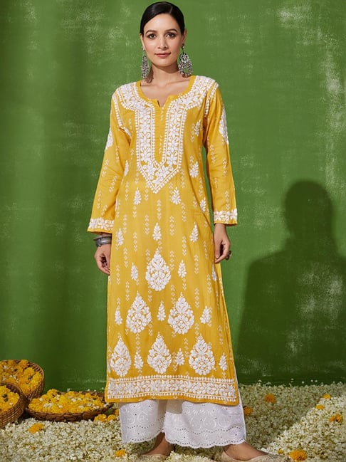 House of Chikankari Yellow Embroidered Straight Kurta-picture-41