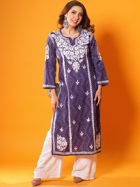 House of Chikankari Purple Embroidered Straight Kurta-image-49